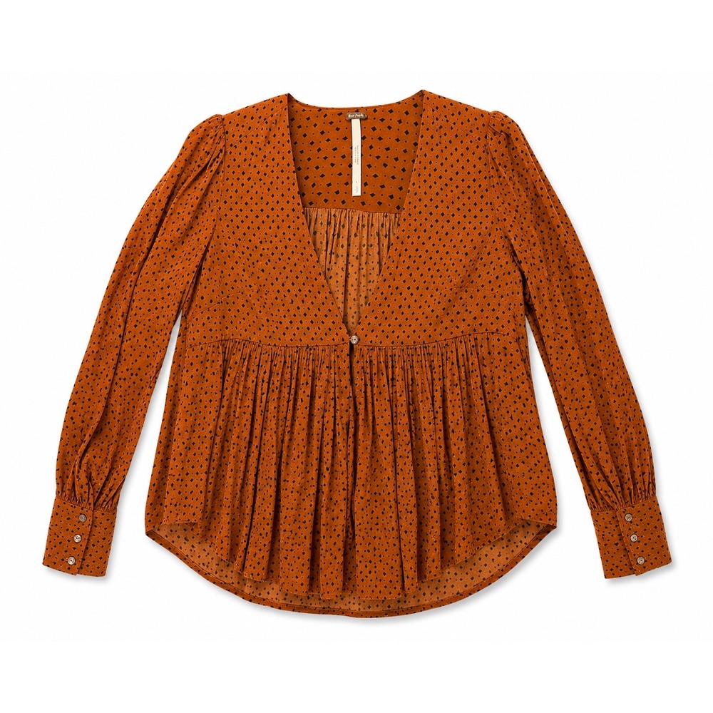 Free People Show Stoppin Blouse Small Rust Swiss Dot Boho Babydoll Peasant Top